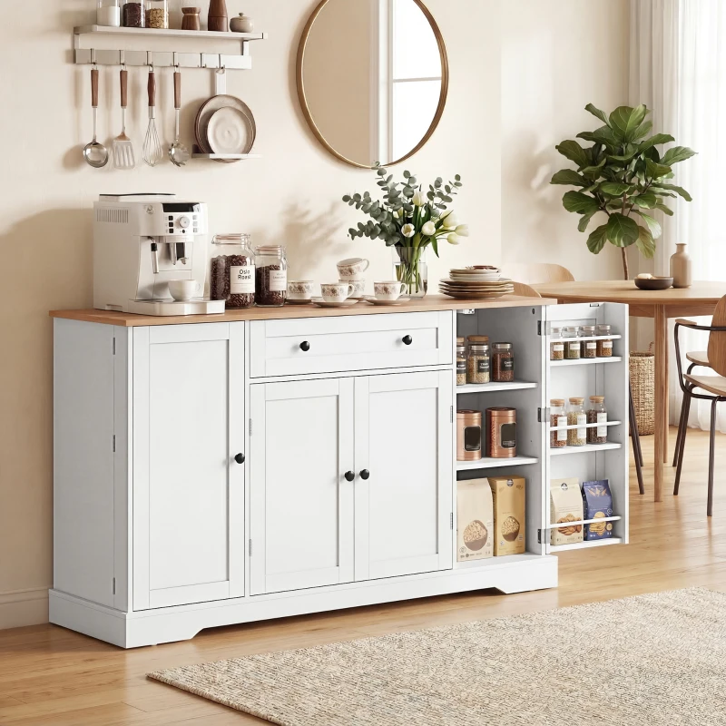 HOMCOM Bufet de bucătărie cu sertar rafturi pe uși rafturi reglabile bar pentru cafea 138x40x83,5 cm Alb