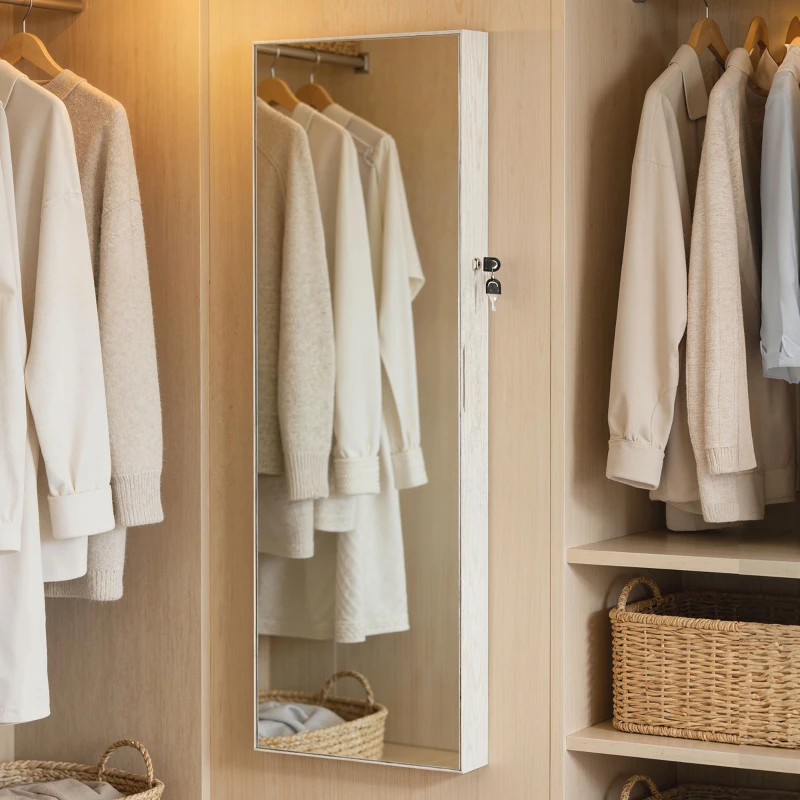 HOMCOM Miroir à bijoux avec éclairage LED Armoire à bijoux montée au mur ou sur la porte avec serrure Miroir pleine longueur Blanc