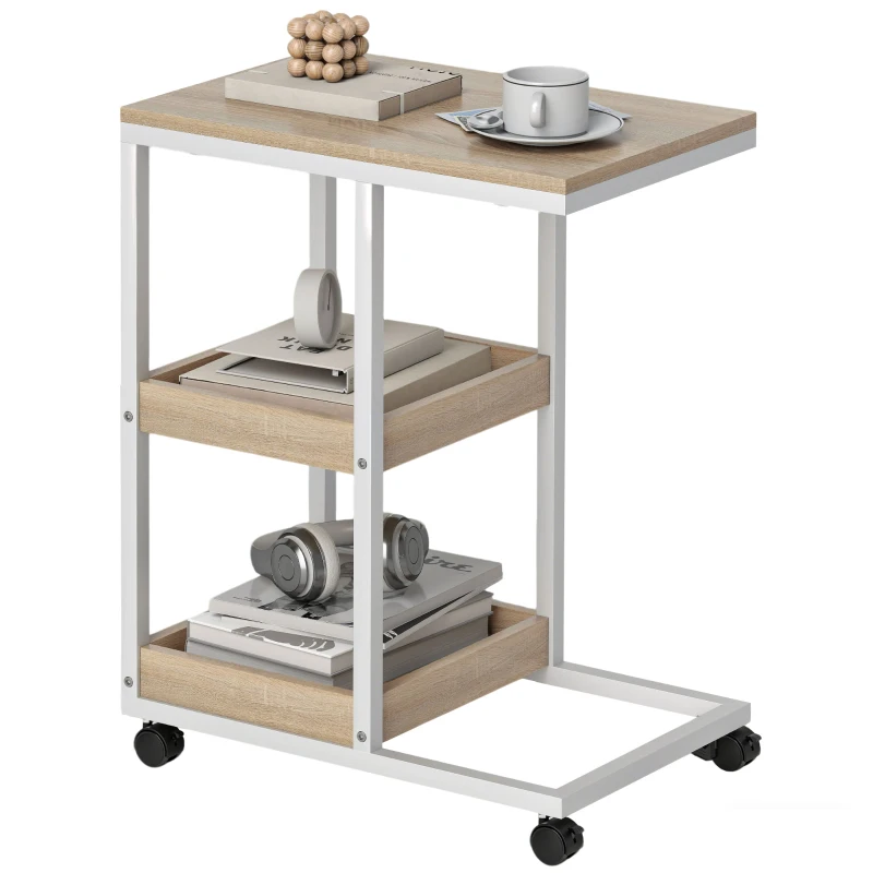 HOMCOM Table d'appoint en forme de C avec roulettes, étagères ouvertes et cadre en acier pour salon, chambre, 51x33x66 cm, Naturel et Blanc