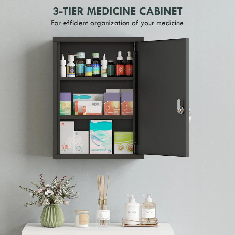kleankin Apteczka ścienna z zamkiem, 3-poziomowa stalowa szafka na ścianę, 40 x 15 x 53,5 cm, czarna