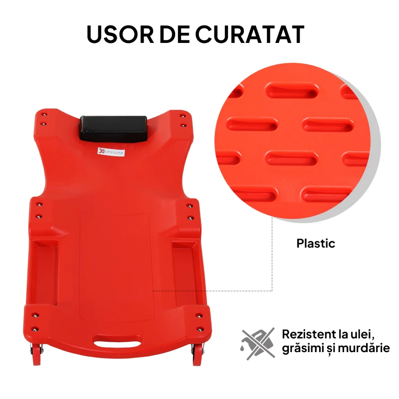 DURHAND Cărucior pentru mecanici cu tetieră căptușită și 2 tăvi laterale din plastic roșu, 100x48x12 cm