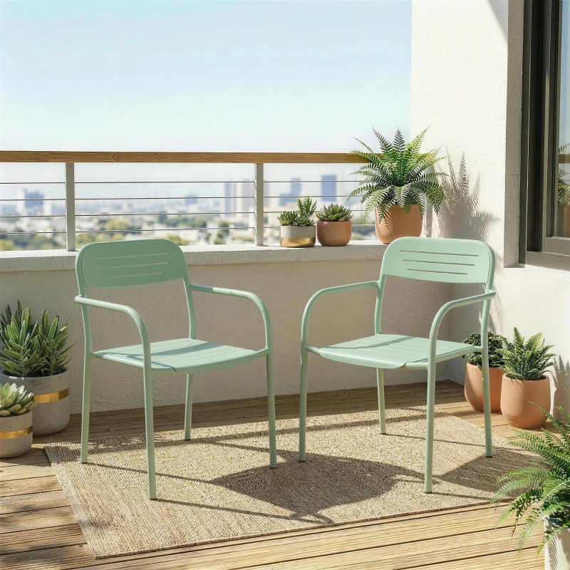 Outsunny Set 2 scaune de grădină stivuibile scaune de terasă cu design lamelă cotiere 56 x 58 x 78 cm Verde
