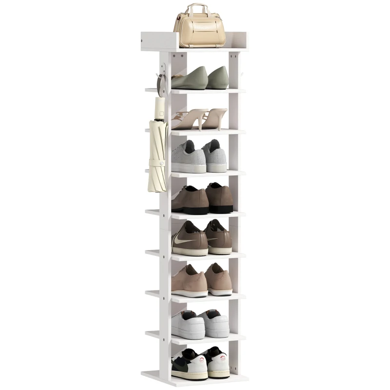 HOMCOM Estantería para zapatos 9 Ebenen organizador de zapatos de madera con balda superior y 2 ganchos, para entrada, Blanco