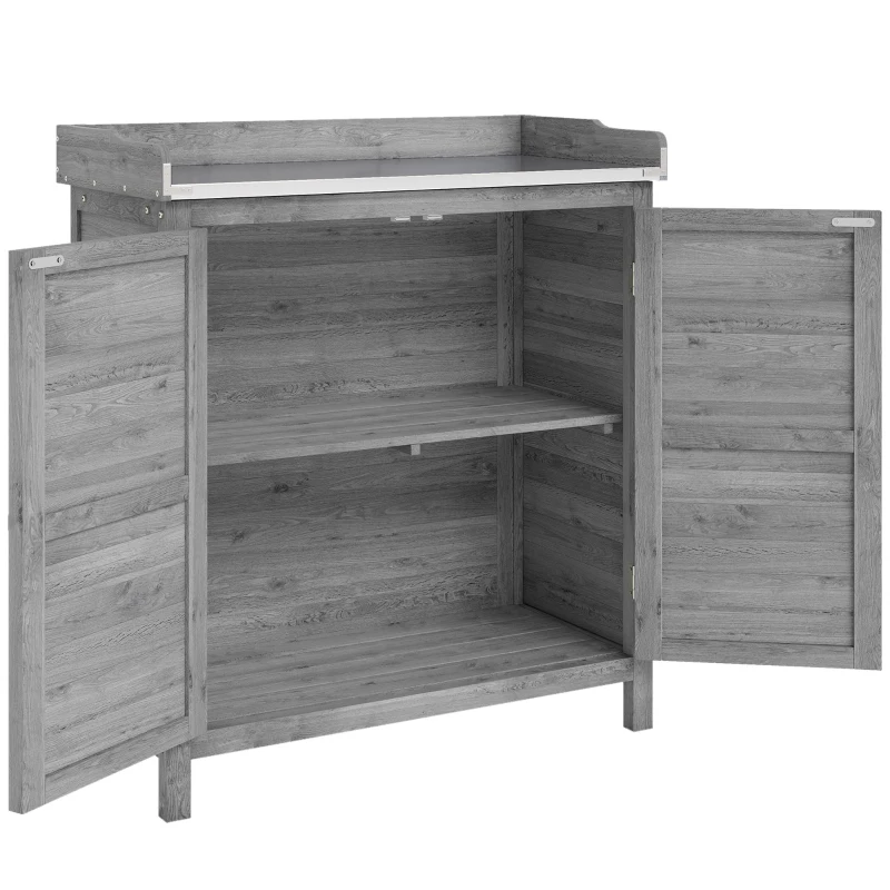 Outsunny Armoire de jardin avec table de rempotage, abri à outils en bois avec plan de travail galvanisé 2 étagères Gris
