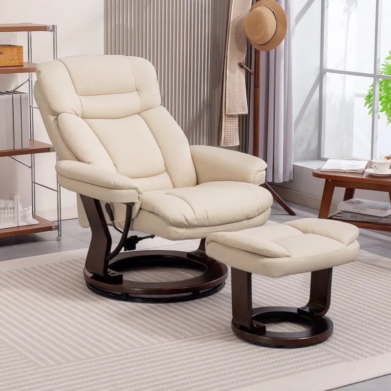HOMCOM Poltrona da salotto con poggiapiedi, Sedia girevole in PU con schienale reclinabile e seduta imbottita, 86x83x107 cm, crema