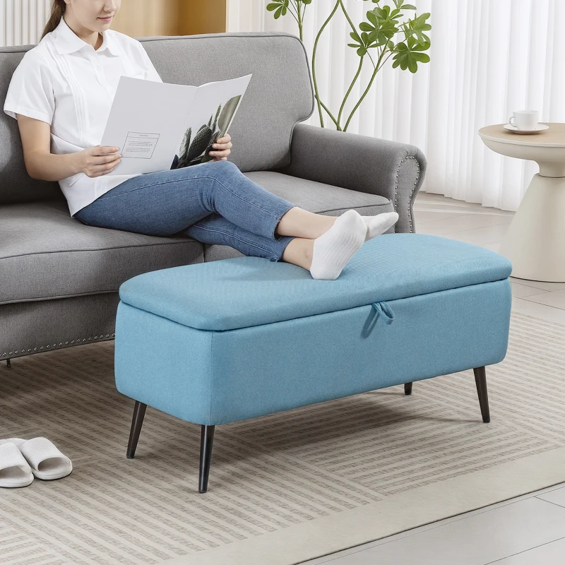 HOMCOM Panca contenitore con coperchio ribaltabile e gambe in acciaio per camera da letto, soggiorno e ingresso, 101x38,5x44,5 cm, Blu Chiaro