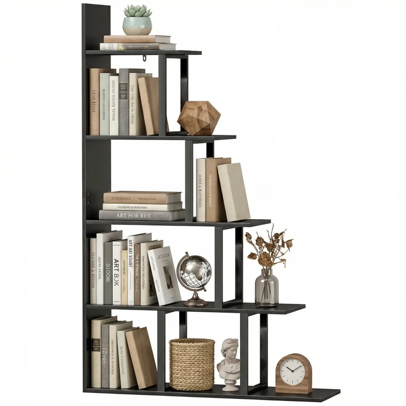 HOMCOM Bücherregal Raumteiler Industrie-Stil Treppenform 5 Ablagen 102 x 30 x 160 cm Farbe schwarz