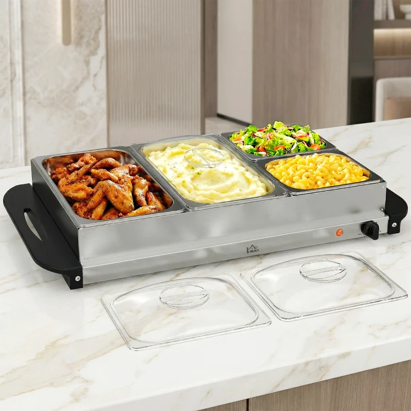 HOMCOM 4 Tray Electric Food Warmer Buffet Server with Warming Plate, Cool Touch Handles, Adjustable Temperature, 300W, 2 x 2.4L and 2 x 1L Pans