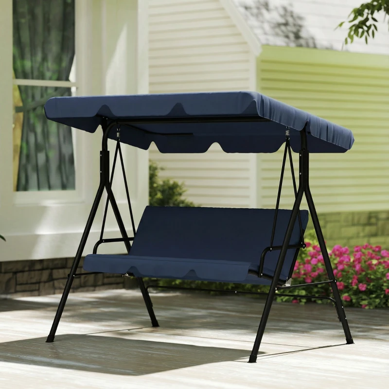 Outsunny Gartenschaukel für draußen 3-Sitzer mit verstellbarem Verdeck und Stahlrahmen 172x118x153 cm Marineblau