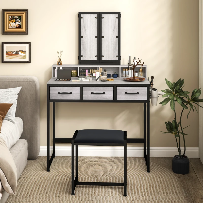 HOMCOM Coiffeuse de maquillage avec miroir triptyque amovible Tabouret 3 tiroirs en tissu Support pour sèche-cheveux Gris