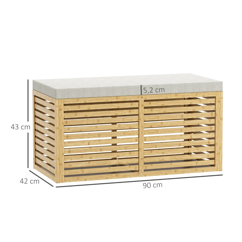 HOMCOM Aufbewahrungsbank, gepolsterte Truhenbank mit Leinenoptik-Stoff, Deckel und Bambusgestell, grau und natur