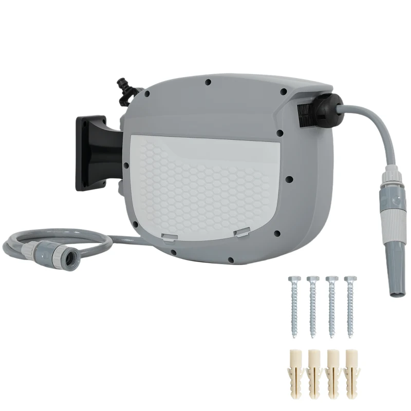 Outsunny Einziehbarer Schlauchaufroller 10+1 m mit 2‑facher Düse Automatische Arretierung und kontrollierter Rückzug Halter Grau