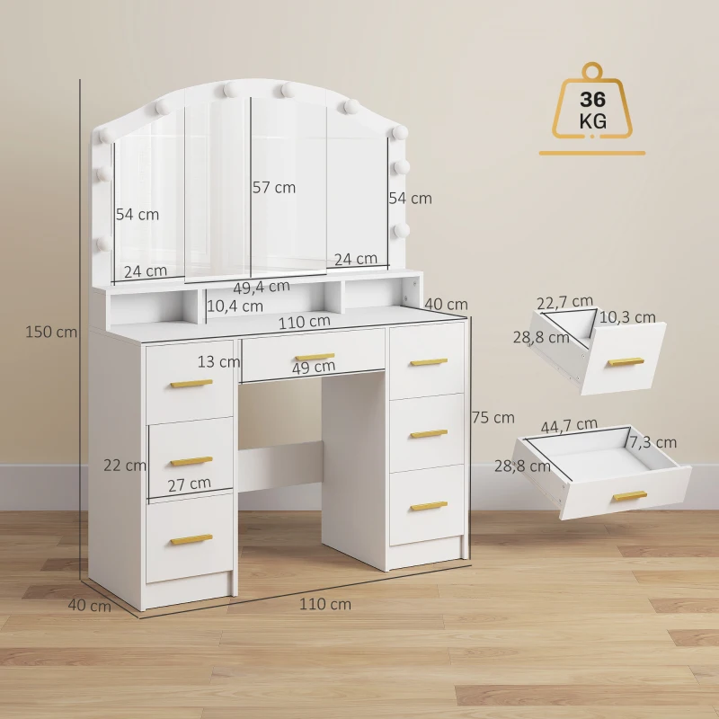 HOMCOM Coiffeuse avec 10 lampes LED style Hollywood, miroir, 7 tiroirs, 3 compartiments, MDF, blanc