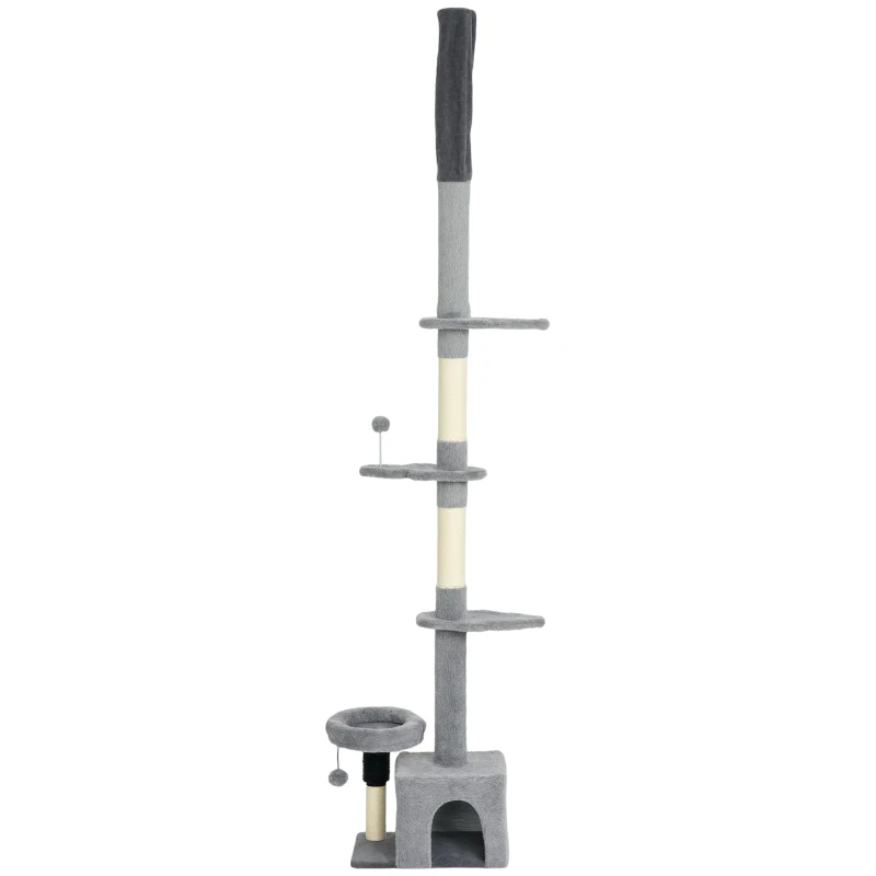 PawHut Tiragraffi pavimento-soffitto regolabile 225-255 cm con piattaforme, Grigio