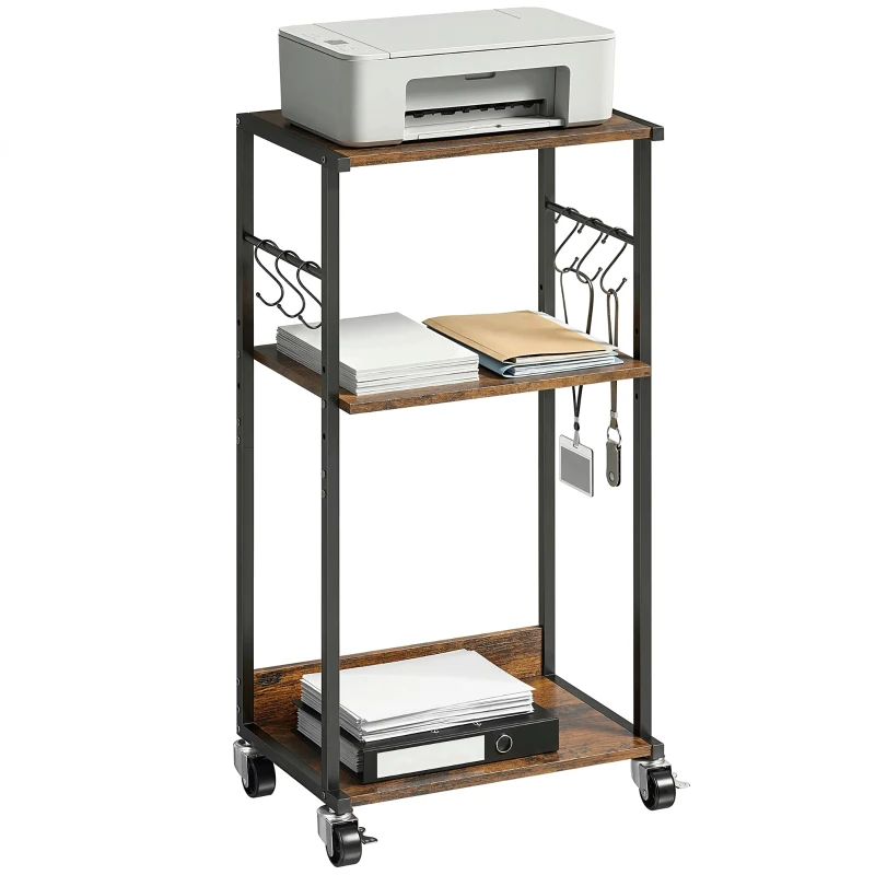 HOMCOM Industrieller 3-stufiger Druckerwagen, Rollen und Haken, Rustikales Braun.