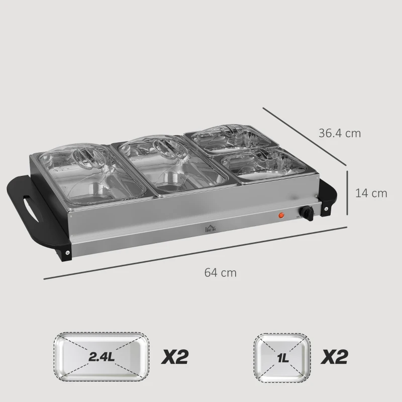 HOMCOM 4 Tray Electric Food Warmer Buffet Server with Warming Plate, Cool Touch Handles, Adjustable Temperature, 300W, 2 x 2.4L and 2 x 1L Pans