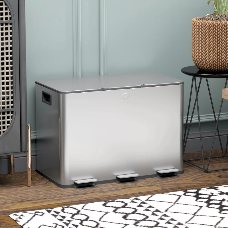 HOMCOM Küchenmülleimer, Wertstoffmülleimer, 3 x 10L Fächer, herausnehmbare Inneneimer, 49,6x34,5x38,6cm, Silber