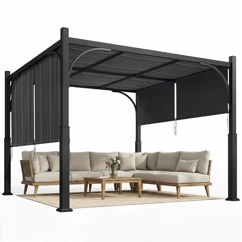 Outsunny Gartenpergola 3 x 3 m, Gartenlaube mit Schiebebaldachin, Metallgestell, für Außenbereich, Dunkelgrau