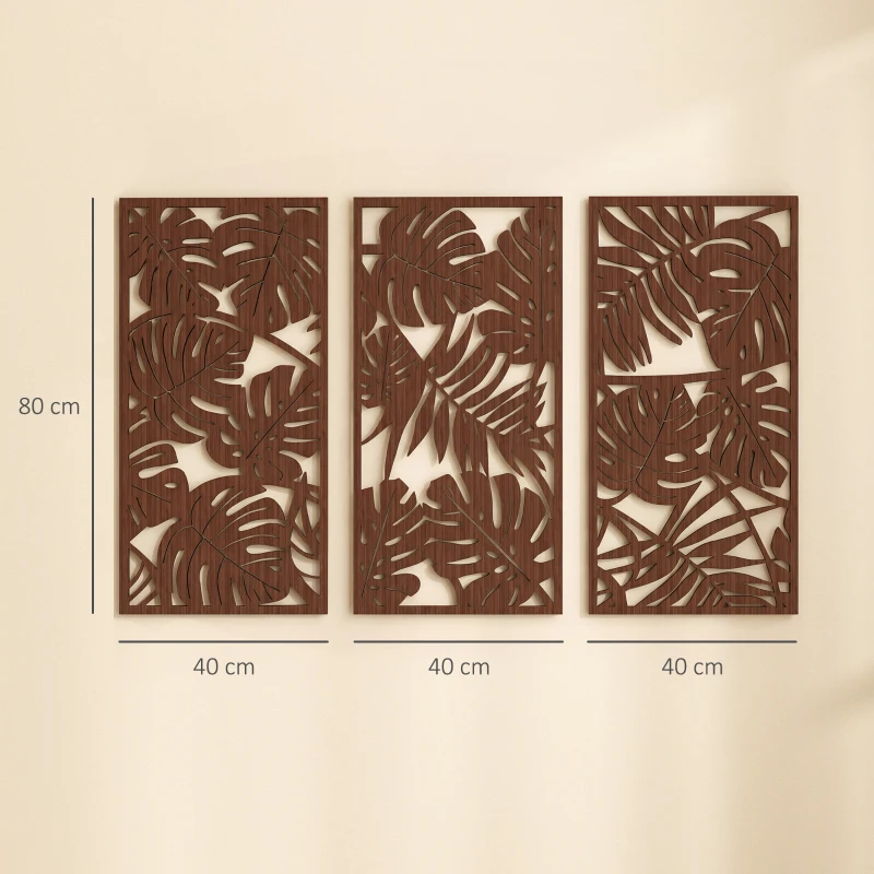 HOMCOM Décoration Murale en Bois 3D 3 Pièces 40x80 cm Ornements Muraux à Motif de Feuilles Tropicales Noyer