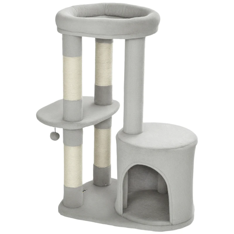 PawHut Tiragraffi torre per gatti con cuccia, piattaforme e pallina, 60x45x90 cm, Grigio chiaro