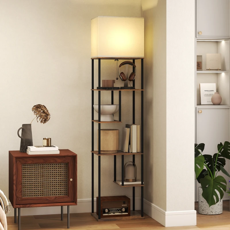 HOMCOM Lampada da Terra con Ripiani Dimmerabile con Telecomando per Soggiorno Dimmerabile, 40x29x171 cm, Marrone Rustico