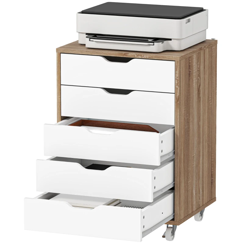 Vinsetto Cassettiera da ufficio con portaoggetti su ruote, Mobile con 5 cassetti, 47,5x39,5x67,5 cm, bianco e rovere