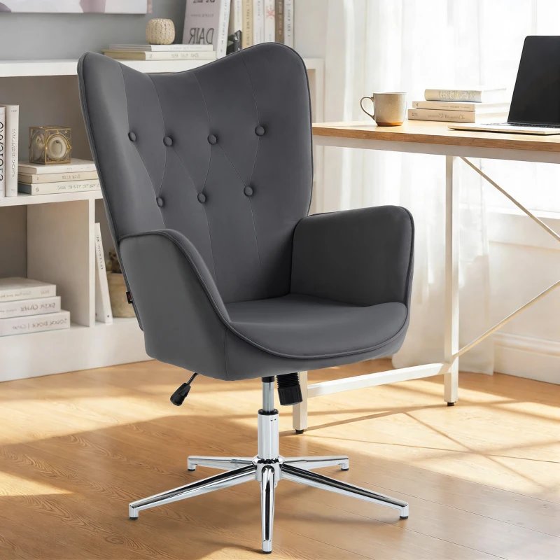 HOMCOM Fauteuil de Salon Pivotant avec Accoudoirs en Velours, avec Bascule et Hauteur Réglable, Gris Foncé