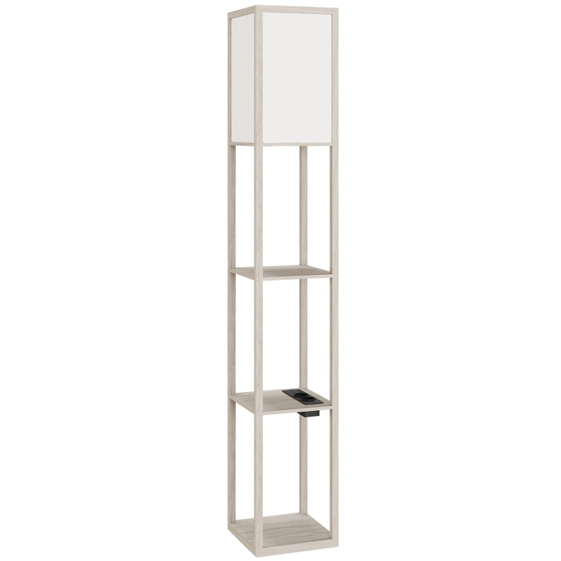 HOMCOM Lampe sur pied avec étagères, lumière réglable, interrupteur-pédale et ports USB, Blanc et Chêne