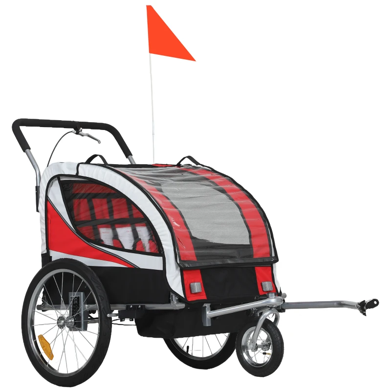 HOMCOM 2-in-1 Kinder-Fahrradanhänger / Buggy, 2 Plätze, 5-Punkt-Sicherheitsgurt, Reflektoren, Fahne, rot