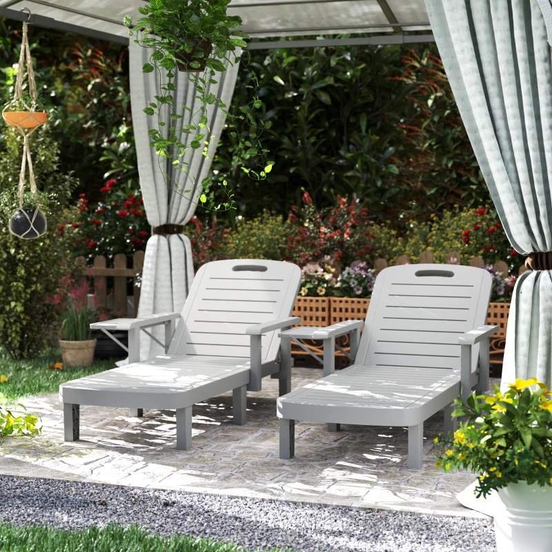 Outsunny Transat de jardin avec table d'appoint aspect bois Chaise longue avec dossier réglable 5 positions Gris clair