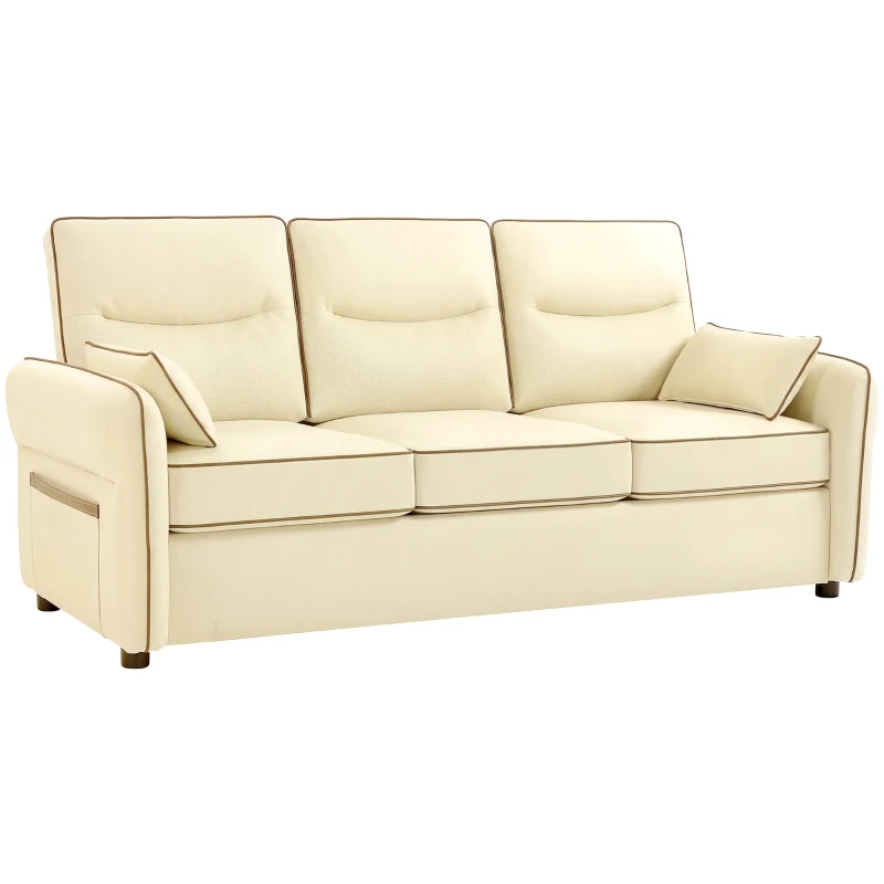 HOMCOM Canapé 3 places en similicuir avec rembourrage épais, poche latérale et 2 coussins, 190x83x90 cm, Beige