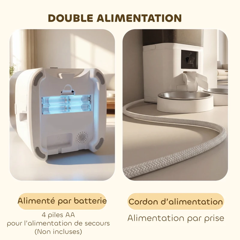 PawHut Distributeur Croquettes Chat Automatique 2 Animaux 6L Double Bol Inox WiFi Tuya App ABS 37x36x35cm Blanc