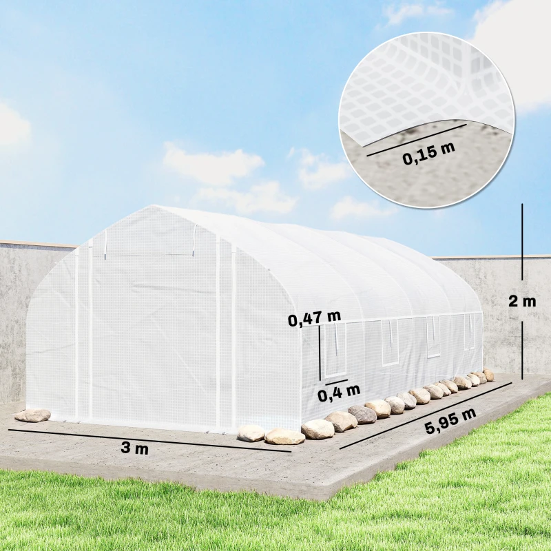 Outsunny Serre tunnel 6x3x2 m anti-UV avec porte enroulable zippée Parois latérales en filet Blanc