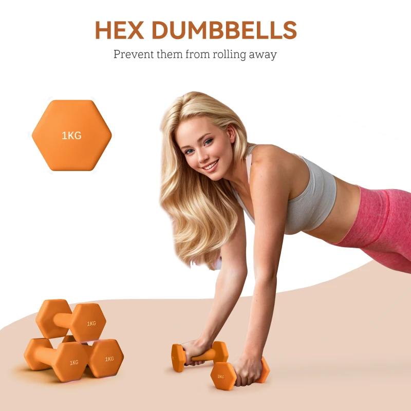 SPORTNOW 2 x 1.5kg Hexagonal Dumbbells Weights Set with Non-Slip Grip for Home Gym Workout, Orange