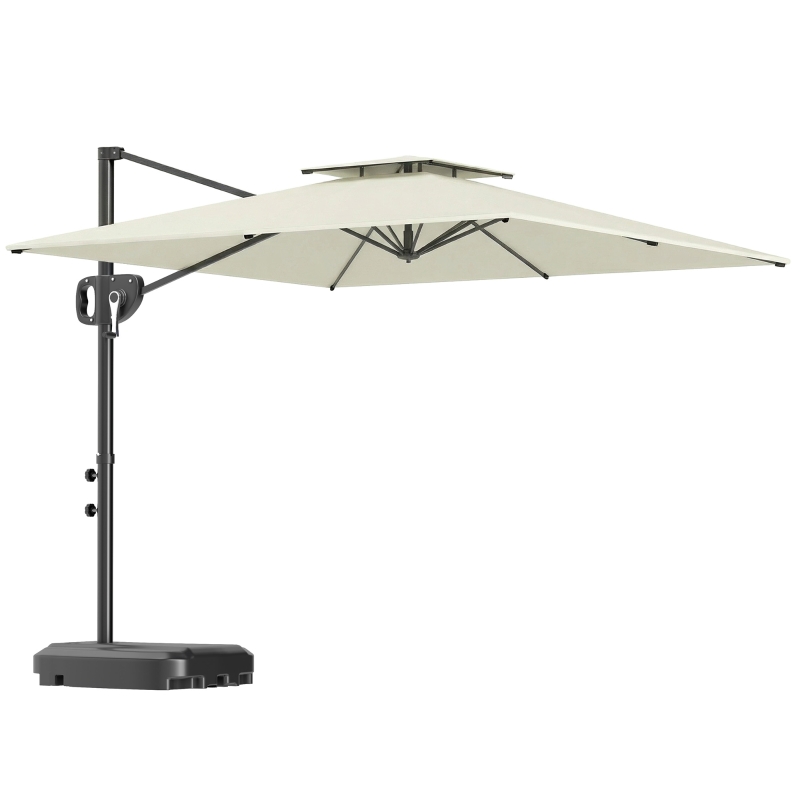 Outsunny Freistehender quadratischer Sonnenschirm 2,5 x 2,5 m, Gartenschirm, Doppeldach, neigbar, 2 Fußteile, Kurbel, Creme