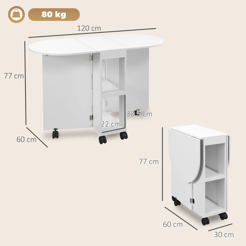 HOMCOM Tavolo pranzo pieghevole su ruote per 4 persone con ripiani, 120x60x77 cm, Bianco