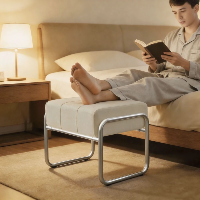 HOMCOM Repose-pieds pouf épais rembourré pouf en tissu chenille pieds en acier pour chambre, beige