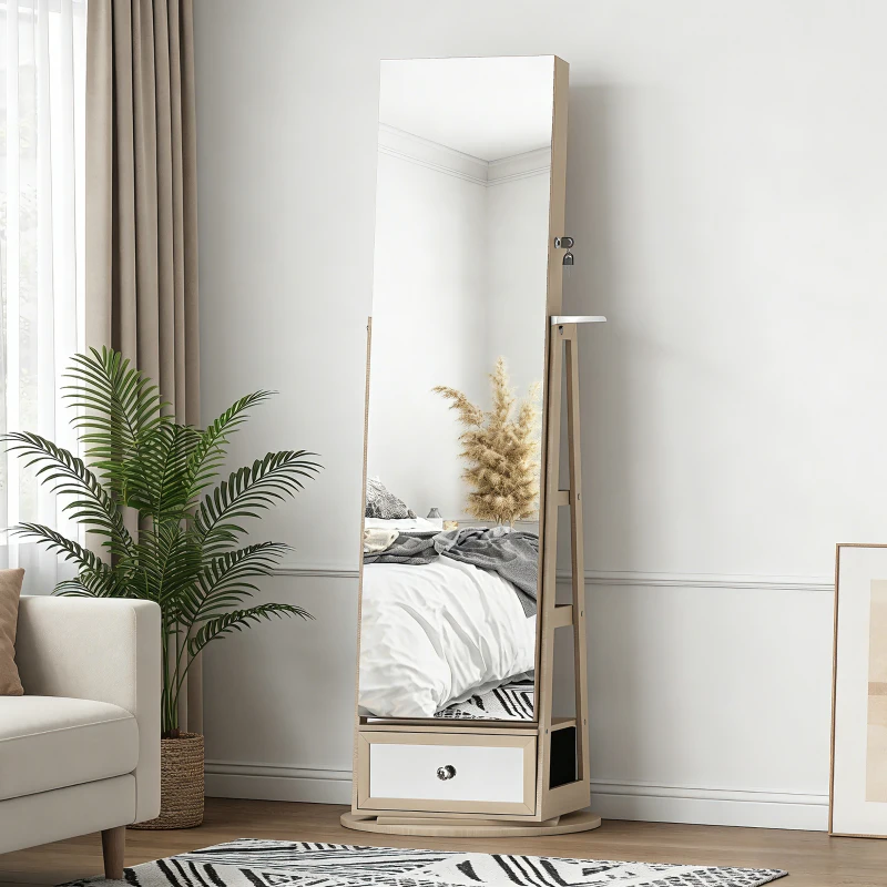 HOMCOM Miroir-armoire à bijoux avec LED Armoire à bijoux avec miroir pleine longueur Pivotant à 360° Tiroir Serrure Naturel