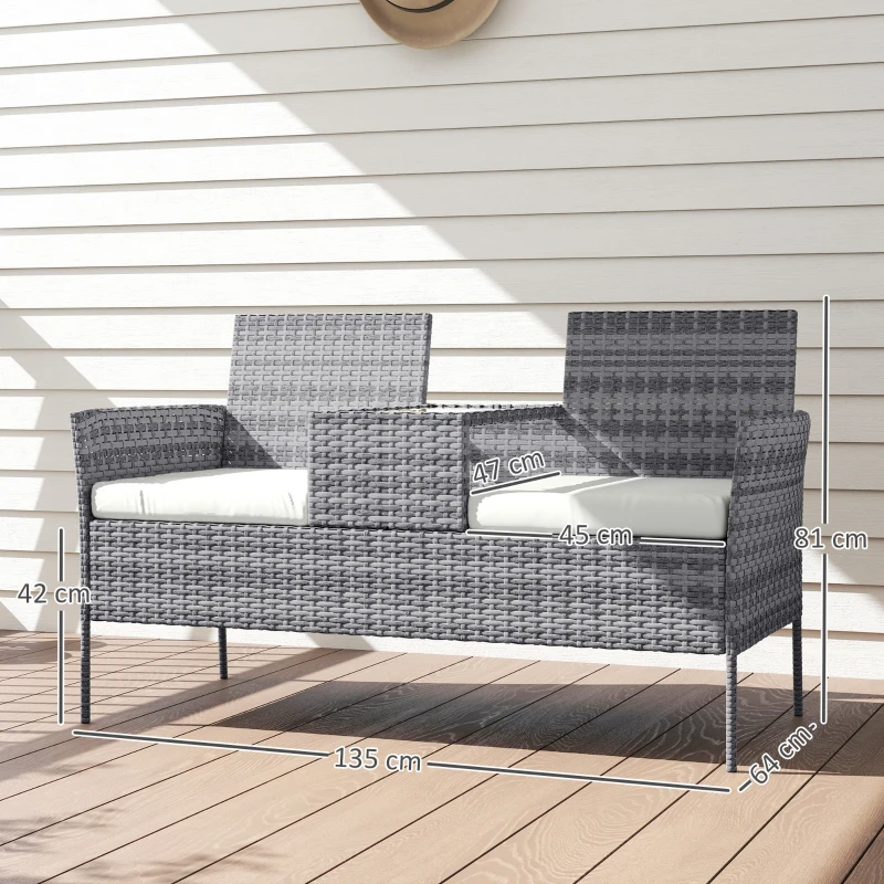 Outsunny Gartenbank aus geflochtenem Resin 2 Plätze mit Tisch und Kissen - 135 x 64 x 81 cm - für Balkon und Terrasse schwarz