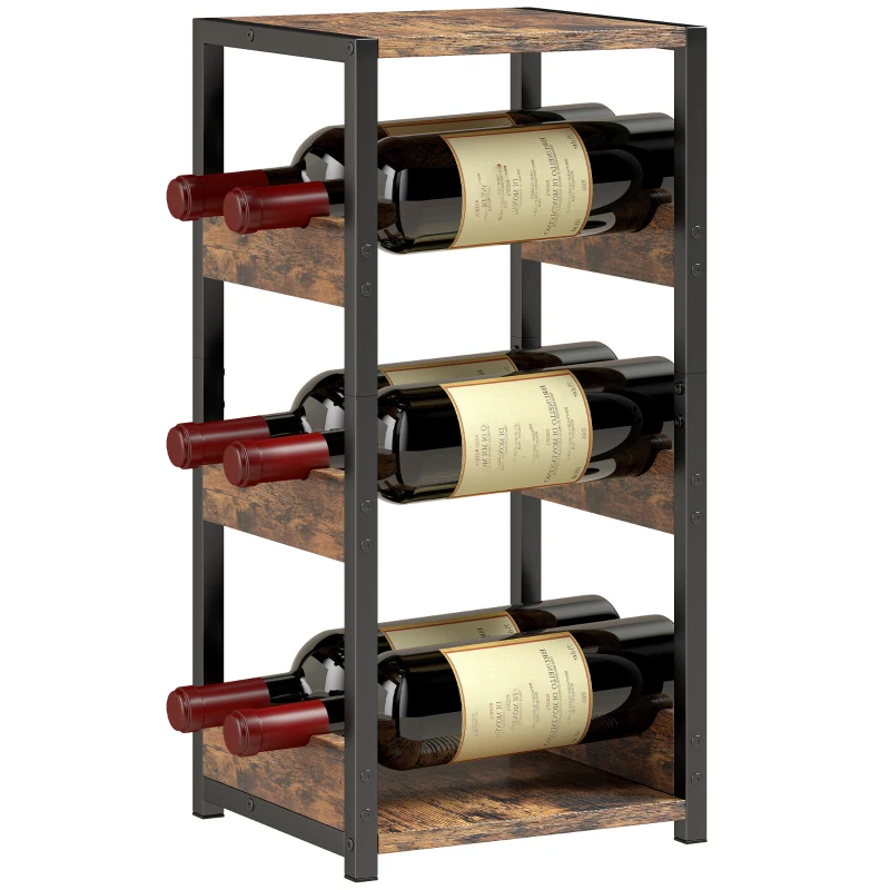 HOMCOM Wine Rack, wavy shelves, adjustable feet, rustic brown, black.