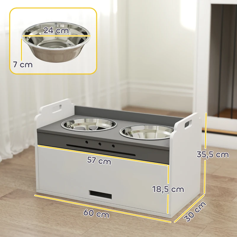 PawHut Gamelle surélevée avec armoire de rangement, 2 bols avec anneaux antidérapants, 60 x 30 x 35,5 cm, Blanc
