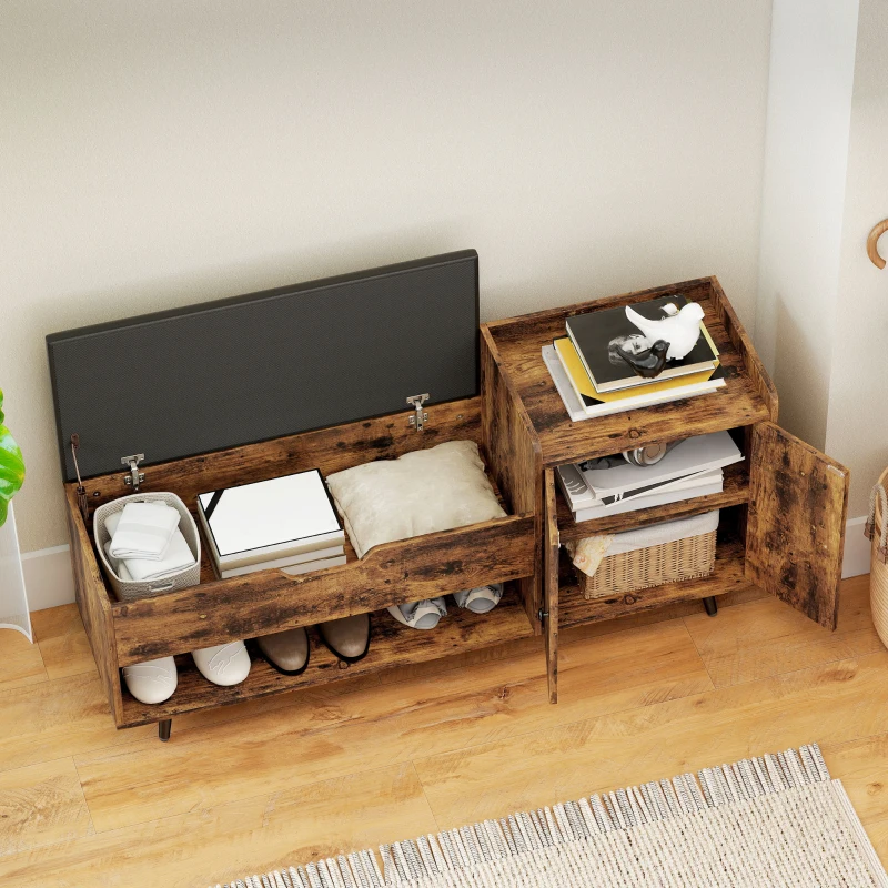 HOMCOM Panca portascarpe industriale con sedile imbottito, scomparto nascosto ripiani e ante, 127x35x59 cm, Marrone Rustico