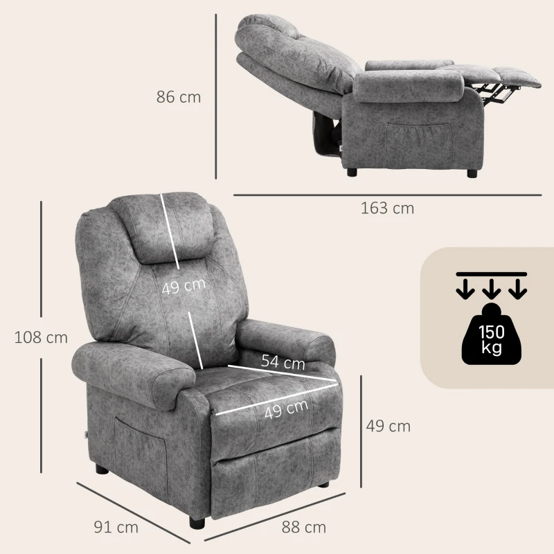 HOMCOM Sillón Relax Reclinable Manual hasta 135º con Reposabrazos Reposapiés Acolchado Grueso Gris