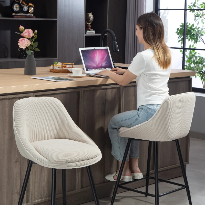 HOMCOM 2er-Set Barstühle mit Cordbezug und Stahlbeinen, Polsterstühle für Kücheninsel, Esszimmer, Creme