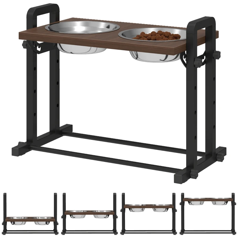 PawHut Bol surélevé pour chien 4 hauteurs réglables avec support, 2 x bols en acier inoxydable 1,2 L, 3 angles réglables, Marron