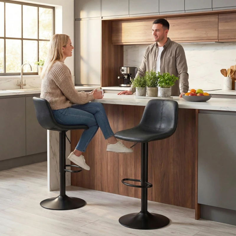 HOMCOM 2er-Set Barhocker, höhenverstellbar mit Rückenlehne und Fußstütze, 360° drehbar, Stahlfuß, schwarz