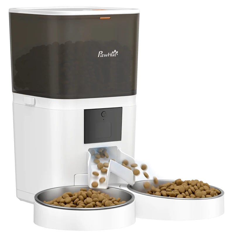 PawHut Distributeur Croquettes Chat Automatique 2 Animaux 6L Double Bol Inox WiFi Tuya App ABS 37x36x35cm Blanc