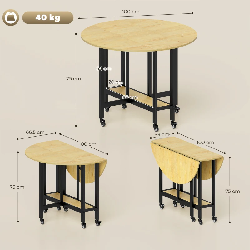 HOMCOM Masă de dining pliabilă pe roți, masă de bucătărie pentru 4 persoane cu poliță integrată, 100 x 100 x 75 cm, stejar