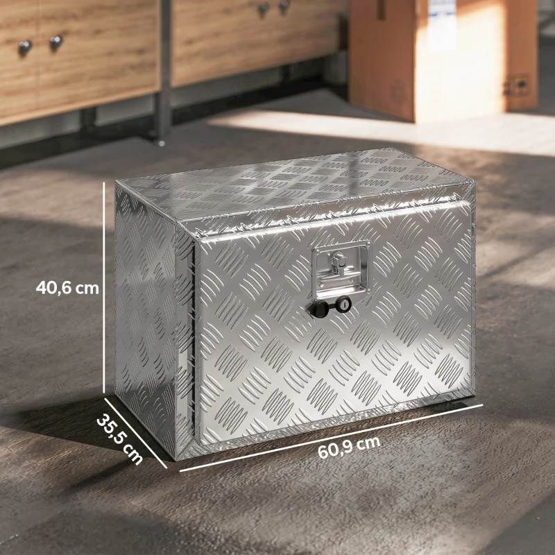 HOMCOM Werkzeugkasten für LKW aus Aluminium, 60,9 x 35,5 x 40,6 cm, 76 L Aufbewahrungsbox mit Schloss und Schlüsseln, silber