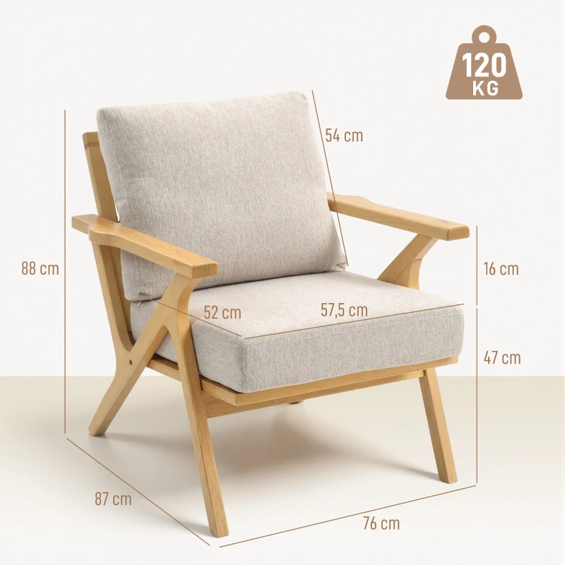 HOMCOM Poltrona da salotto con cuscini imbottiti e gambe in legno di hevea, Sedia scandinava in tessuto effetto lino, 76x87x88 cm, beige